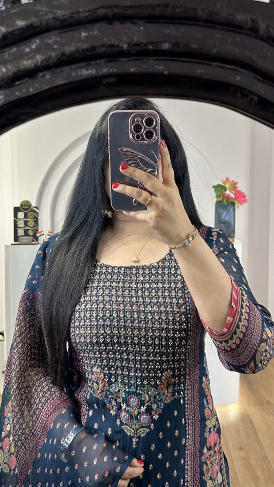 Navy Blue Handworked Round Neck Kurti (KC06)