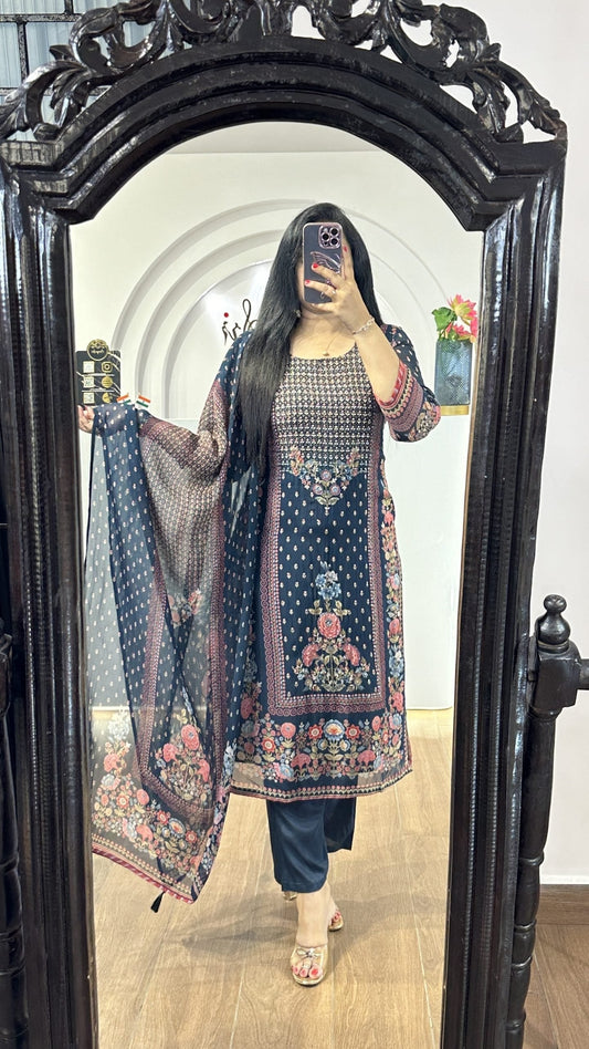 Navy Blue Handworked Round Neck Kurti (KC06)