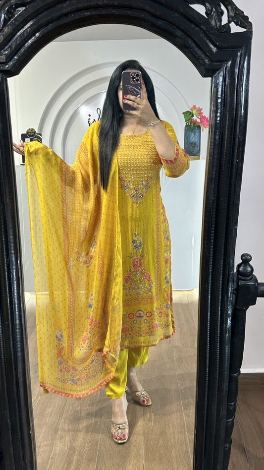 Yellow Handworked Round Neck Kurti (KC07)